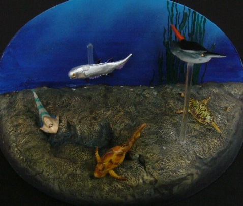 My Devonian diorama with Hemicyclaspis, Eutacanthus, Pterichtyodes, Rhinopteraspis and Doryaspis. #scultpures #toys #dioramas #foryou #art #science #paleontology #paleozoic #fishes #sea #prehistoric