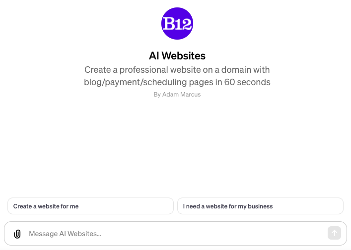 b12's tweet image. OpenAI just released a GPT Builder and we’re excited to launch our AI Websites GPT! ⚡
1️⃣ Head to chat.openai.com/g/g-WTUuSzTOj-…
2️⃣ Tell #ChatGPT your business name &amp;amp; a brief description
3️⃣ Get a link to your free B12 website. Customize it as little or as much as you want and publish!