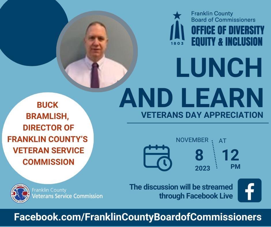 November 8, join the @FranklinCoOhio Office of DEI, as it recognizes all those who have served our nation. Col. Buck Bramlish, USA, RET, of the Franklin County Veterans Service Commission, will discuss the work that the agency does. facebook.com/franklincounty…