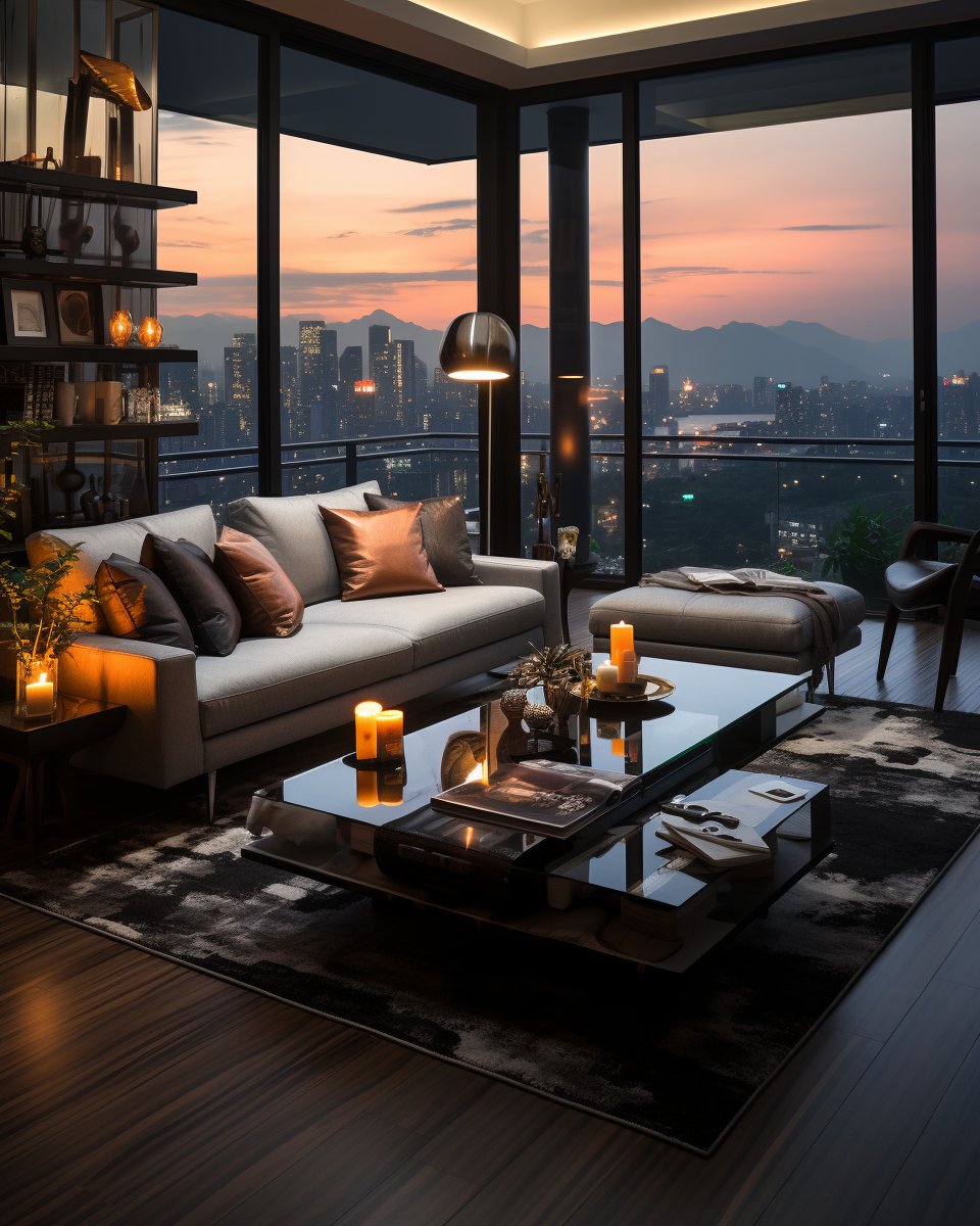 Where the cityscape meets serenity 🏙️. This is not just a living area; it's a sanctuary in the sky 🌆.

#MinimalistLiving #CityPanorama #TranquilSpaces #CopperAccents #SerenityNow