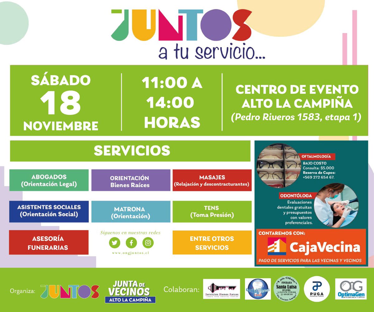 #ACTIVIDAD: JUNTOS A TU SERVICIO 🧩🫂

🗓️ Sábado 18 de noviembre 

📍 Centro de Evento Alto La Campiña (Pedro Riveros 1583, etapa 1).

 ⏰ 11:00 a 14:00 horas. 

#OngJuntos #AccionSocial #Apoyo #Quilicura #JuntosSomosMásFuertes