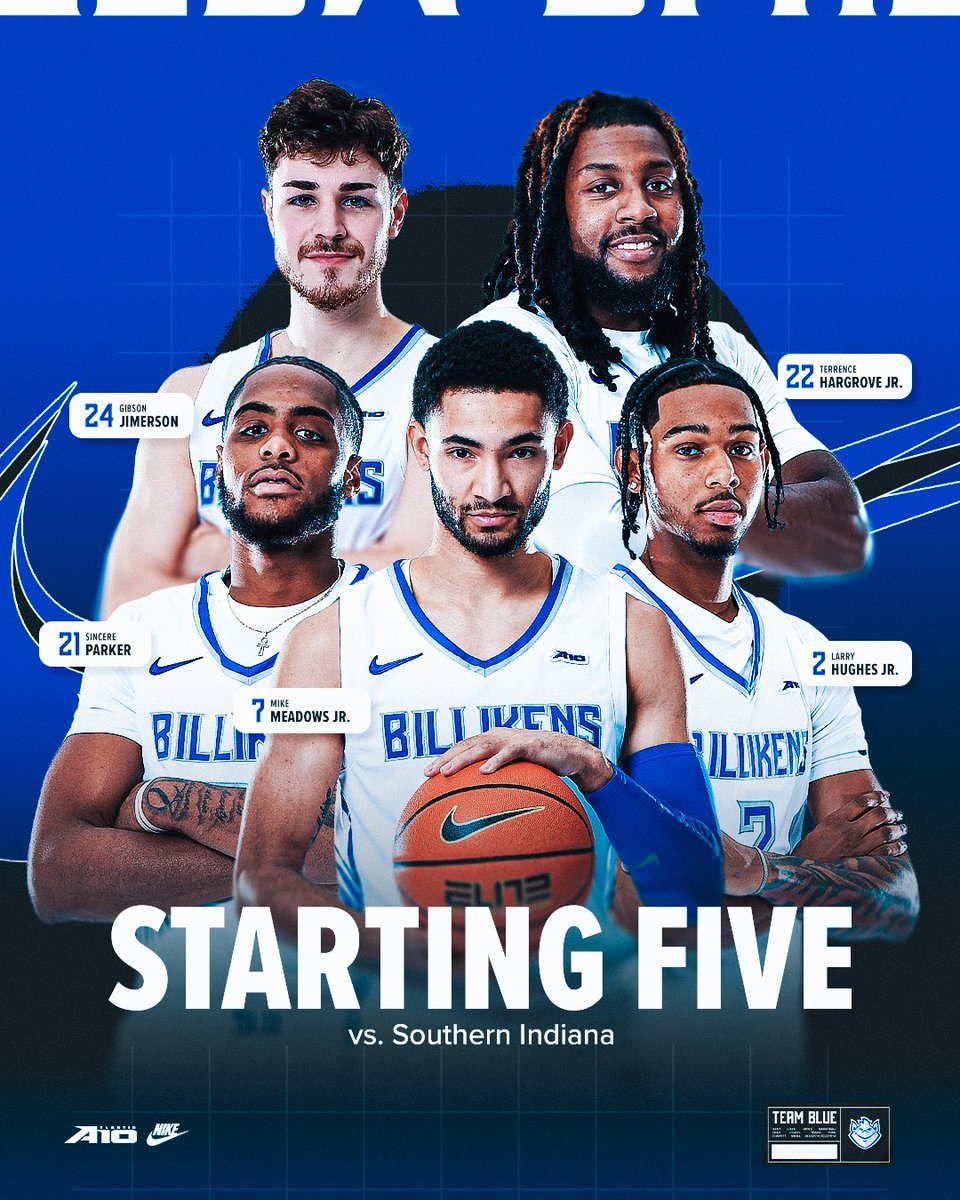 SaintLouisMBB's tweet photo. The Billiken’s Opening Night Starting Five! 

#SLUBillikens x #TeamBlue https://t.co/BhCTPxnyLw
