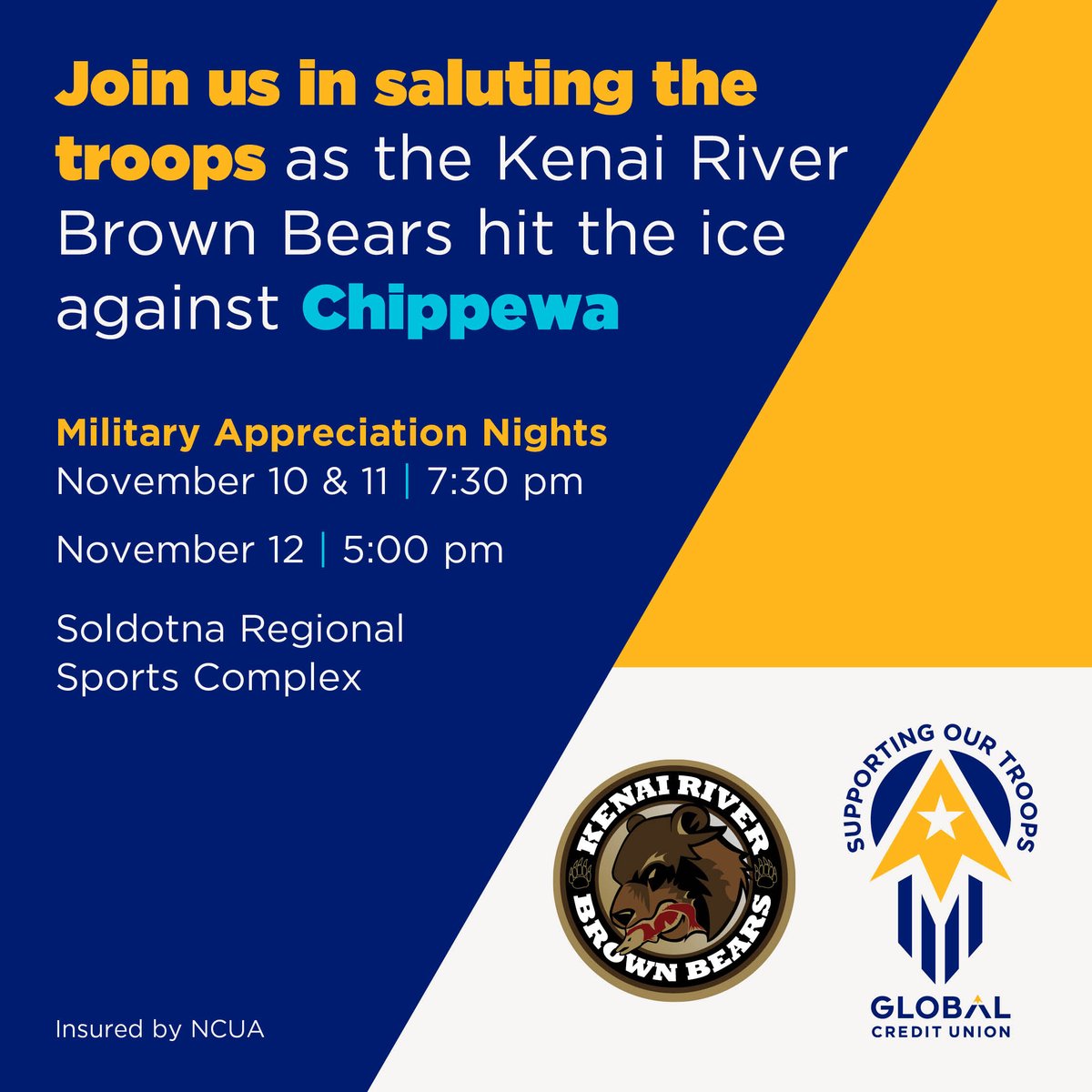 🎉 We’re proud to sponsor the <a href="/BrownBearsNAHL/">Kenai River Brown Bears</a> &amp; excited to invite you to Military Appreciation weekend! 🏒🥅 Join us for the games on Friday, Saturday, and Sunday at the Soldtona Regional Sports Center. Stop by our table for cool swag and a chance to win a KRBB hockey jersey!