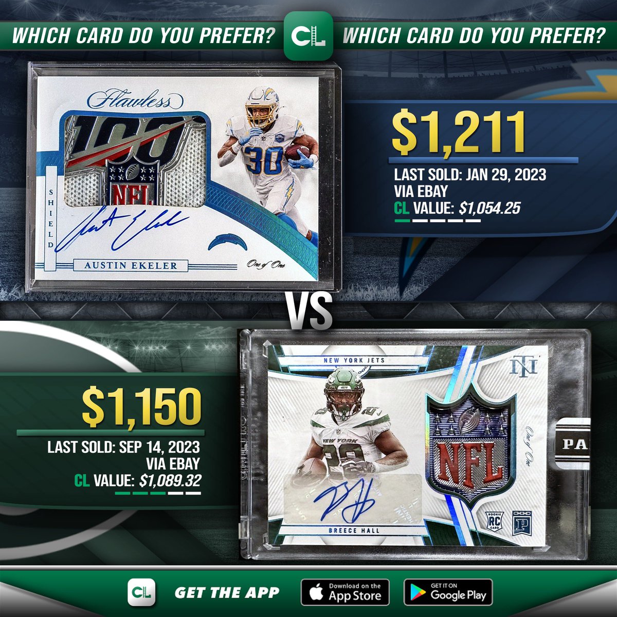 CardLadder's tweet photo. :// Generate —> #CardLadder #CompareCards #MNF

Which card do you prefer: 2021 Flawless Austin Ekeler Patches Platinum 1/1 RAW or 2023 National Treasures Breece Hall Blockchain NFL Shield Autograph 1/1 RAW?

#BreeceHall #AustinEkeler #NFLShield #ShieldPatch https://t.co/QOgTsROE53
