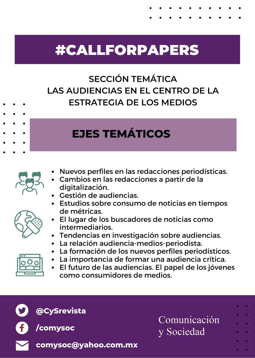 CySrevista's tweet photo. #CallForPapers | Recibiremos sus trabajos hasta el 29 de febrero de 2024 para la sección temática "Las audiencias en el centro de la estrategia de los medios". 🧐 Consulta la convocatoria aquí: https://t.co/g3vRbBWWi3

#RCyS #CySrevista #Papers #RevisiónPorPares #Scopus #REDIB https://t.co/5qRe2PLH0N