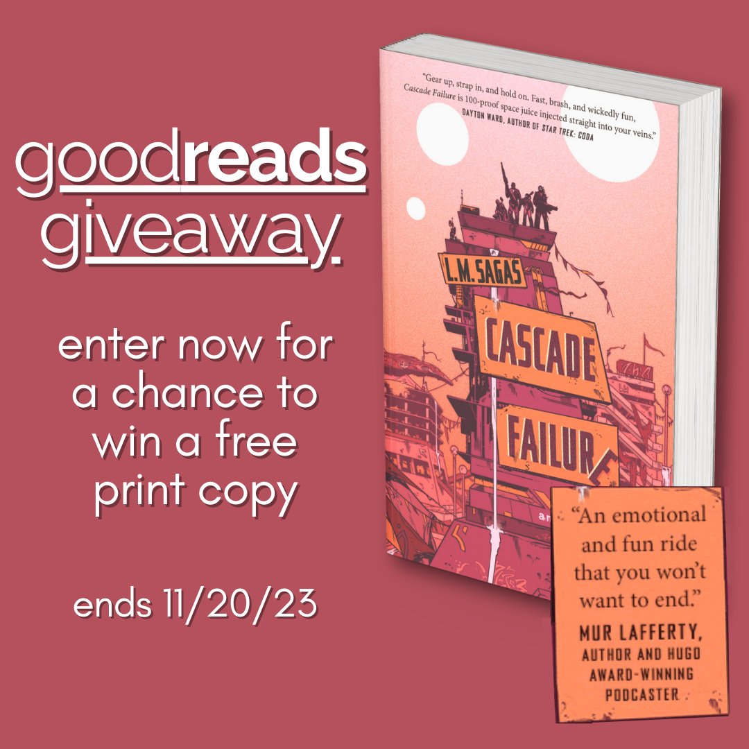 #goodreadsgiveaway time! you can enter to win a print copy of CASCADE FAILURE, my scifi debut from @torbooks, feat. a messy crew of lovable disaster misfits, a planet-killing computer virus, and pages and pages of sweet, sweet snark

to enter: goodreads.com/giveaway/show/…