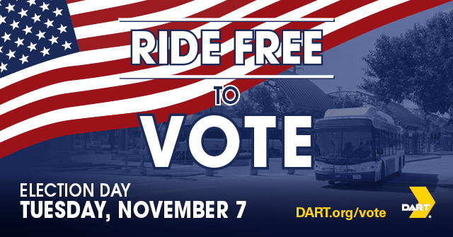 dartmedia's tweet photo. Ride DART free to vote tomorrow, Tuesday, Nov. 7!

Voters can ride at no charge on all DART buses, trains, the Dallas Streetcar, GoLink, Paratransit Services and the TRE between EBJ Union Station and CentrePort/DFW Airport Station.

Learn more: https://t.co/fur1F9YMuu
#DART2Vote https://t.co/O2CsfSLDuu
