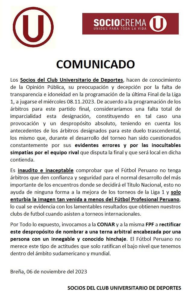 USocios's tweet photo. Comunicado de los Socios del Club Universitario de Deportes

@Universitario https://t.co/HT0vPtYojJ