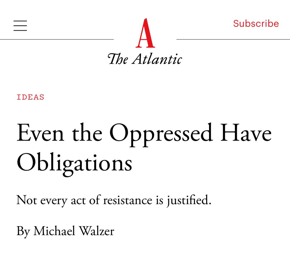 The Atlantic is nothing but Zionist propaganda. 1st they published a piece against decolonization &amp; now it’s telling colonized &amp; oppressed peoples, specifically Palestinians, to know their place, to follow the rules established by their oppressors, &amp; to appeal to their morality.