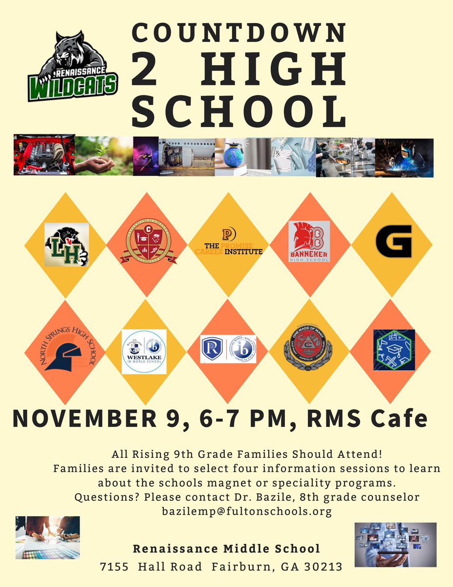 Countdown 2️⃣ High School 🗣️Calling all 8th Grade RMS Families. Come out and learn about some of the magnet and speciality programs offered at our Fulton County High Schools. #TheWildcatWay