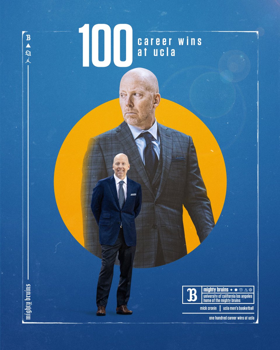 𝟏𝟎𝟎-𝐖𝐈𝐍 𝐌𝐈𝐋𝐄𝐒𝐓𝐎𝐍𝐄.

Congrats to Coach Cronin on securing win No. 100 at UCLA. With a record of 100-36 in Westwood, Coach Cronin has tied the mark for reaching 100 wins faster than any other Bruins’ head coach (tied with Jim Harrick).

#GoBruins