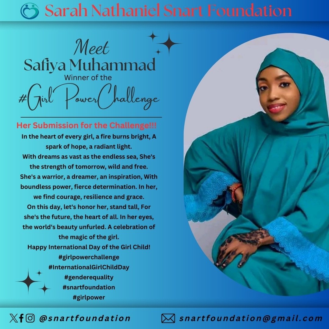 SnartFoundation's tweet photo. It is an honor to spotlight the winner of the #girlpowerchallenge.
#SnartFoundation
#GREAP
#girlsrights
#genderequality https://t.co/rjbpoymvw0