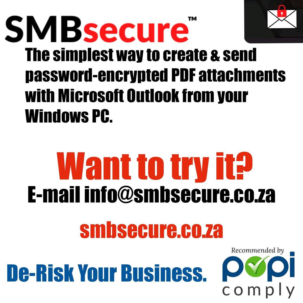 SMBsecureSA's tweet photo. Secure consumer or patient personal information when e-mailing it!
Try the #SMBsecure plugin for Microsoft Outlook on your Windows PC for FREE.
โถ Contact Us TODAY to get a free trial license.
๐๐พ https://t.co/yRTCxUrwhn
#DeRiskYourBusiness
#PDFEMAILENCRYPTION
#POPIA
#HPCSA https://t.co/nM9NPpSNJS