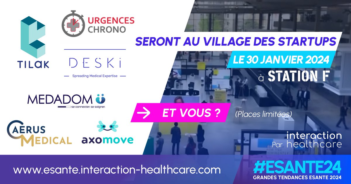 #Esanté24 : 📣 Découvrez les premières sociétés de la #Healthtech du "Village des startups" lors de la journée dédiée aux "Grandes tendances de la E-santé de 2024" de Interaction Healthcare <a href="/digitalsante/">Interaction Healthcare</a> le 30 janvier à <a href="/joinstationf/">STATION F</a> 

📌 shorturl.at/ftvI5 #hcsmeufr #Esanté
