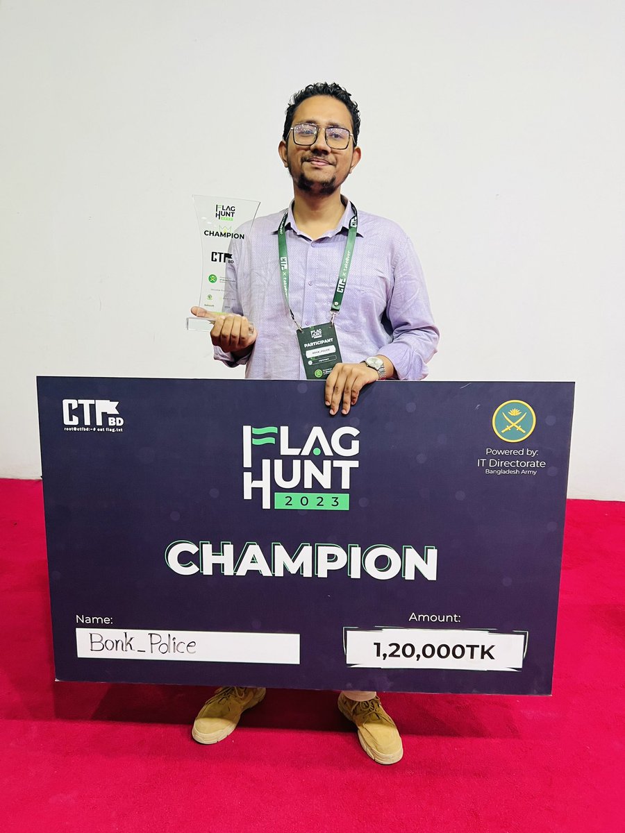 Alhamdulillah champion of Flag Hunt 2023 organised by <a href="/ctfcommunitybd/">CTF Community Bangladesh 🇧🇩</a> and Bangladesh Military Institute of Science And Technology