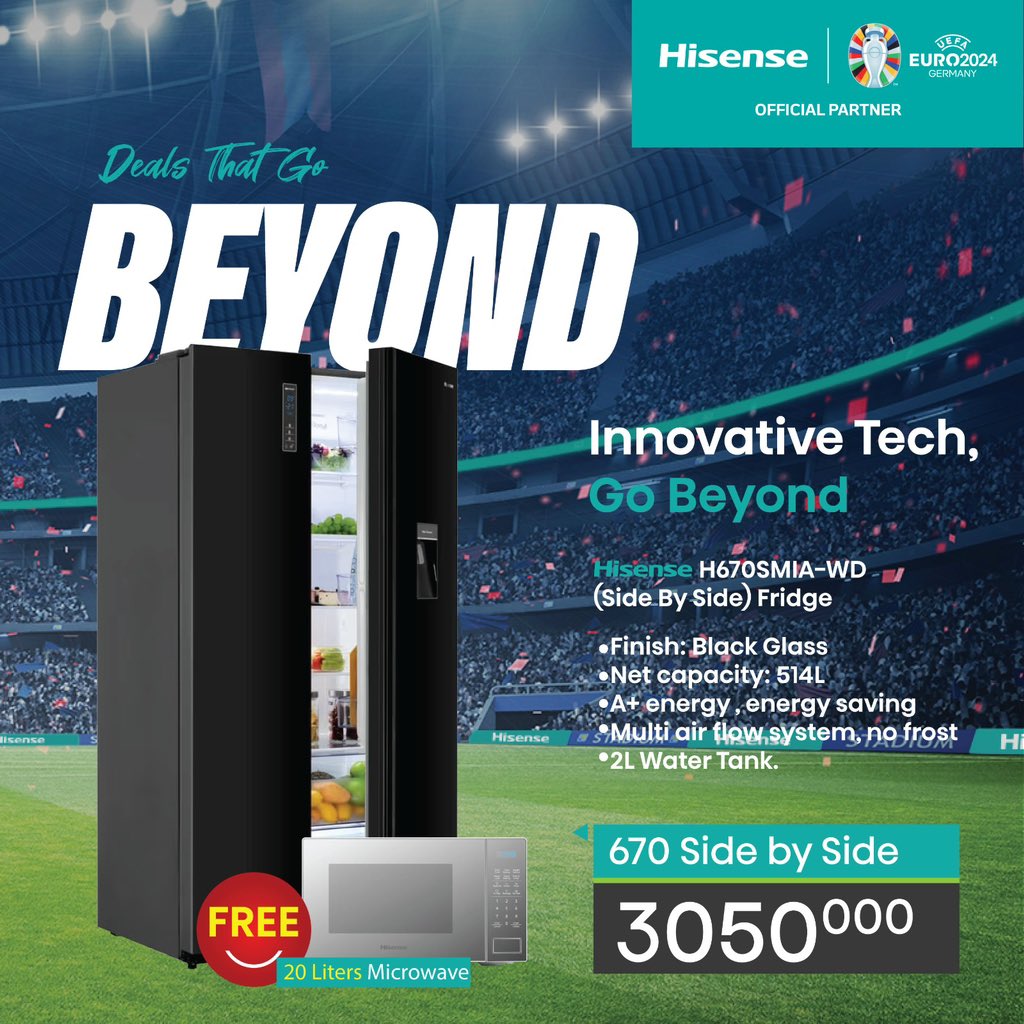 Double Double
Get 2 items when you purchase one!! 
You always wanted a microwave? 
Why not buy the H670SMIA-WD fridge from @HisenseUg and get yourself a microwave at once 
Offer running this  November 
#HisenseEuro2024
#DealsThatGoBeyond