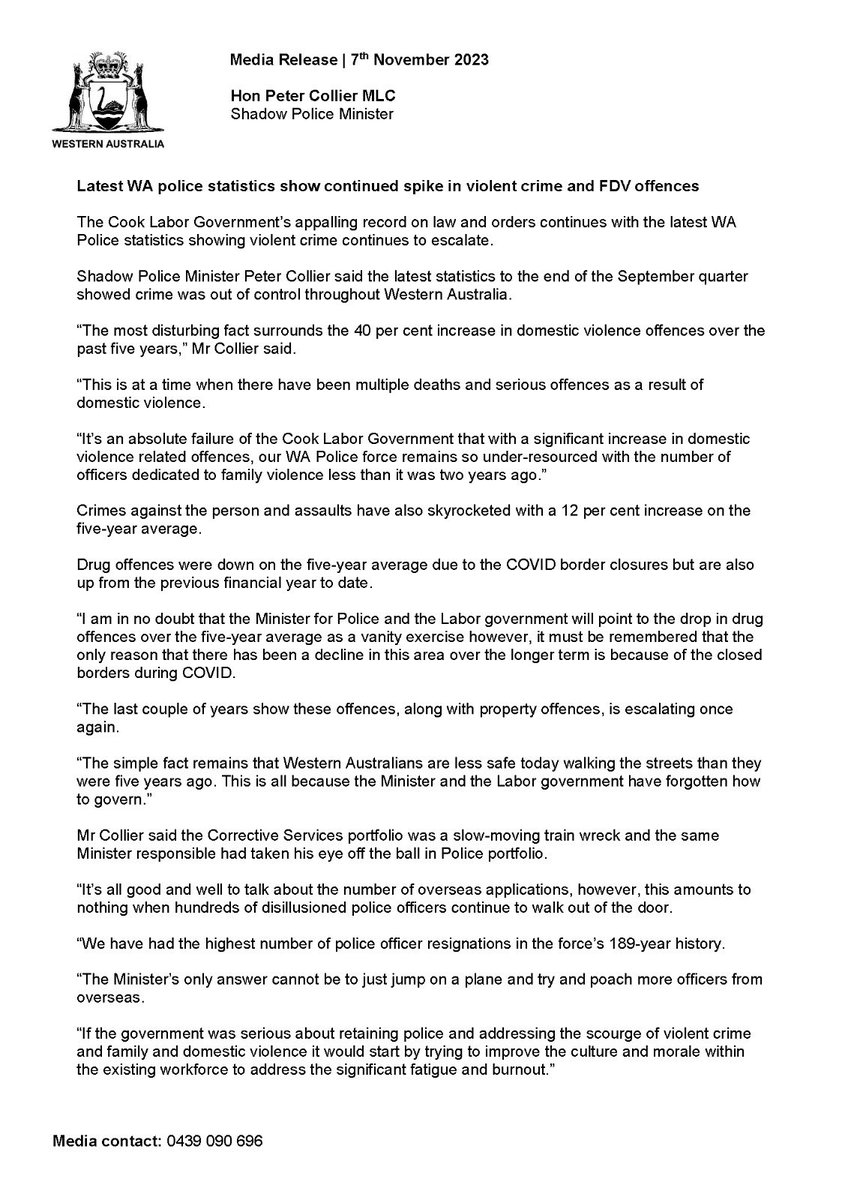 As the Corrective Services portfolio lurches from one crisis to another under WA Labor, crime is out of control under ……..WA Labor