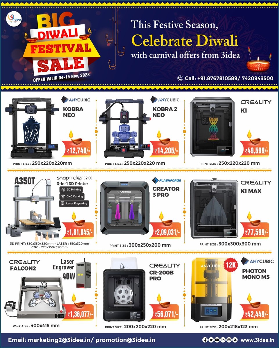 3ideatechnology's tweet image. This festive season, Celebrate Diwali with Carnival offers from 3idea🪔✨

🕒Hurry - Valid for limited time only!

For inquiries, reach us at 📧 marketing2@3idea.in / promotion@3idea.in
📞 +91.8767810589 / 7420943500

#3idea #DiwaliSale #3DPrinting #3dscanner #3dprint #3dprinters