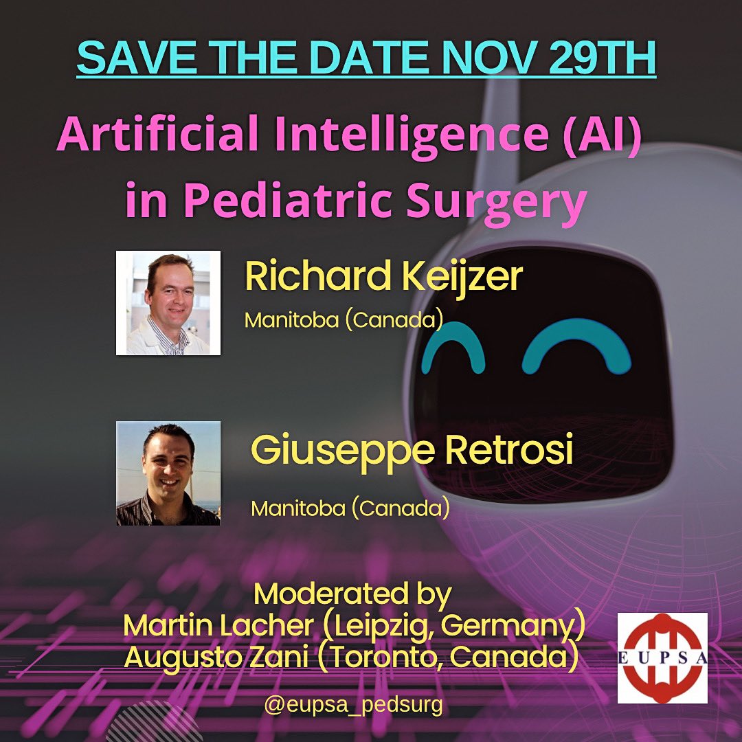 EupsaSurgeons's tweet photo. Are U Ready? Join us on an AI-powered journey with Pediatric Surgeon "pilots" Richard Keijzer and Giuseppe Retrosi from Manitoba, co-pilots Martin Lacher and Augusto Zani. Fasten your seat belts and stay tuned for the connection link! #EUPSA #PediatricSurgery #some4pedsurg https://t.co/KAtGNHPgAR