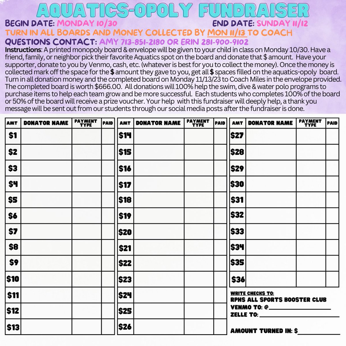 FUNd-raising time! Support your favorite aquatics team and team member with this FUNd game! Instructions below in the pic...
Share. Share. Share!
#thestandard
#rphsaquatics
#fbisdathletics
#swimmingpanthers
#raisesomefunds
#purplepanthers
#scholarsandchampions