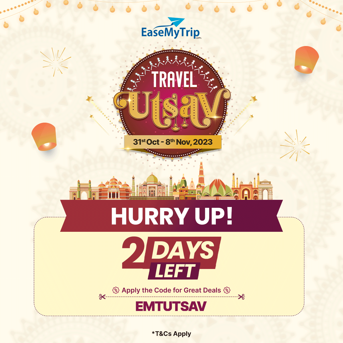 EaseMyTrip's tweet photo. Don't wait until it's too late! 
Use code - EMTUTSAV and book your travel today.

#travelutsav #fewhoursleft #diwalioffers #offerendingsoon #easemytrip https://t.co/HAdVutgEci