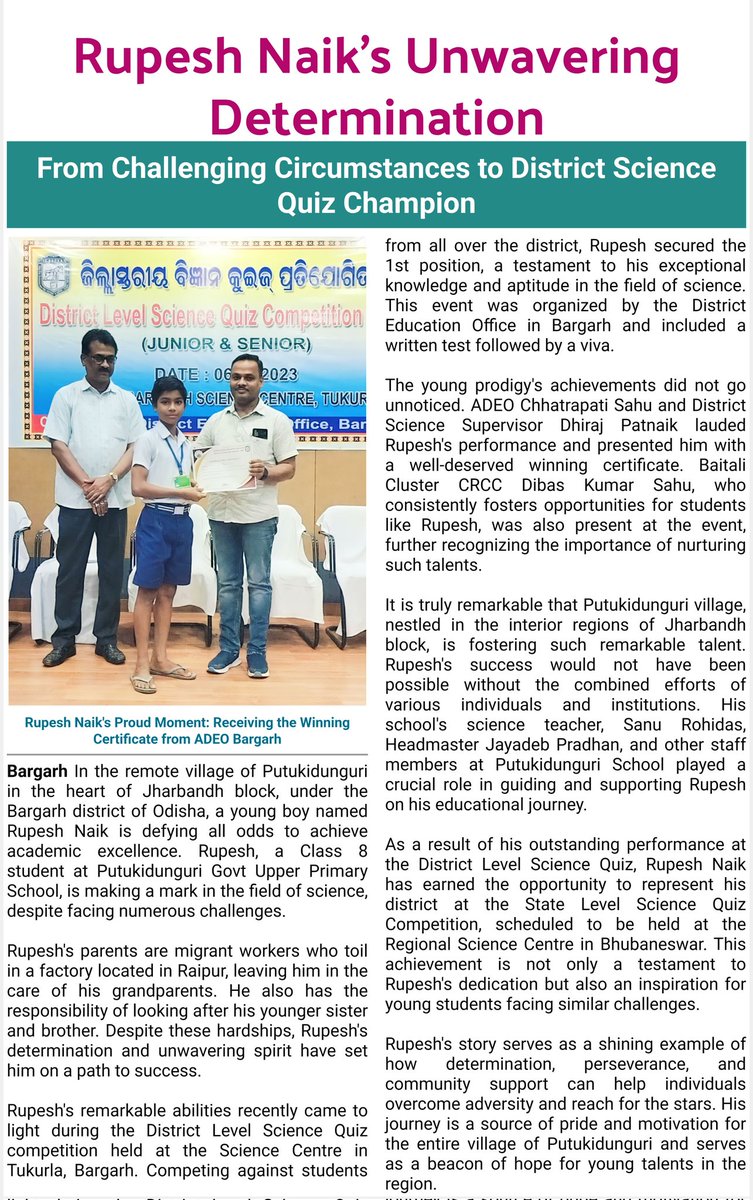 CRC_Baitali's tweet photo. π Kudos to Rupesh Naik, our District Science Quiz Champion! π Your determination is truly inspiring. Best of luck in the State Level Competition, and know that CRCC @DibasKumarSahu is cheering you on every step of the way! π #RupeshNaik #ScienceChampion #StateLevelBound https://t.co/7UBVLJoELl