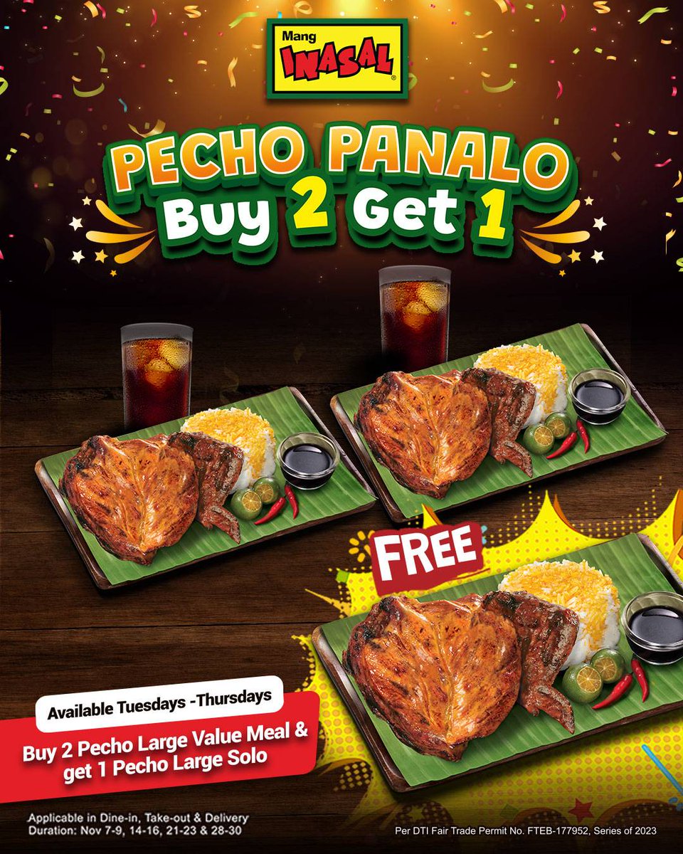 Full barkada meal with the Pecho Panalo promo! Buy 2 Pecho Large Meal and get 1 Pecho Large Solo for FREE! Promo is available for dine-in, takeout, or delivery on all Tuesdays to Thursdays of November. #ILoveMangInasal💚💛