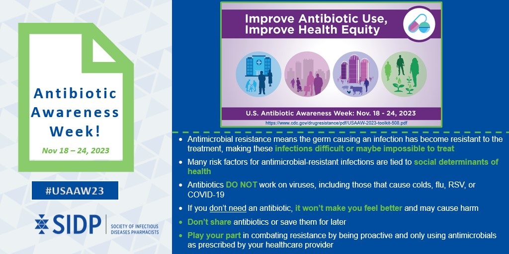 SIDPharm's tweet photo. Antibiotic Awareness Week is approaching! Be sure to check out the @CDC_AR toolkit &amp; the USAAW webpage for resources &amp; wear purple to show your support! #USAAW23 #WAAW #AntimicrobialResistance #AbxRxEquity

Learn more &amp; do your part to protect antibiotics: https://t.co/8Pz8erTiW8 https://t.co/gSpHvQitzb