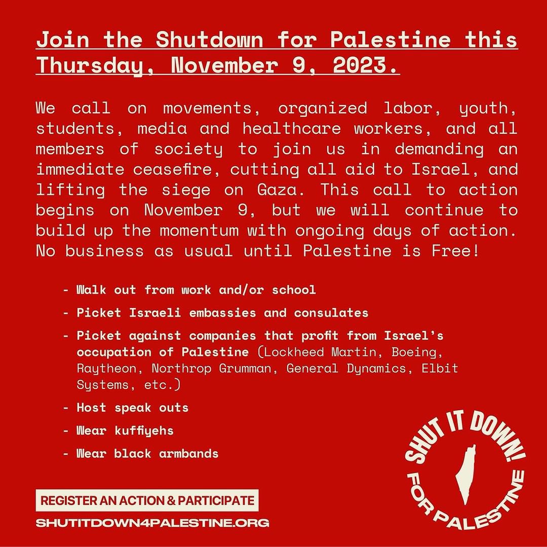 palyouthmvmt's tweet image. Take direct action through walk-outs, sit-ins, speak-outs, and all forms of protest directed at the Zionist institutions which fund, invest, and collaborate with Israel’s genocide and occupation of Palestinians.

REGISTER FOR AN ACTION AND PARTICIPATE: 
SHUTITDOWN4PALESTINE.ORG