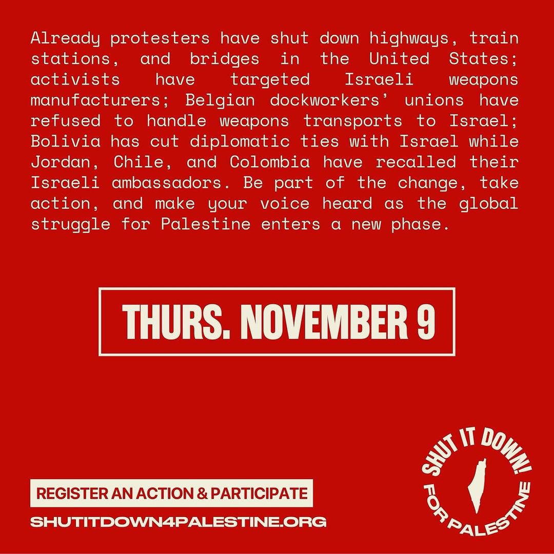 palyouthmvmt's tweet image. Take direct action through walk-outs, sit-ins, speak-outs, and all forms of protest directed at the Zionist institutions which fund, invest, and collaborate with Israel’s genocide and occupation of Palestinians.

REGISTER FOR AN ACTION AND PARTICIPATE: 
SHUTITDOWN4PALESTINE.ORG