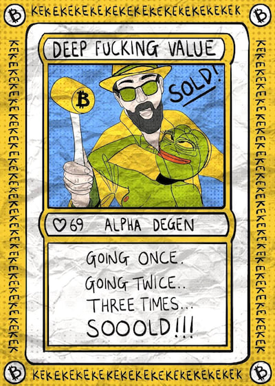 RoaringAuctions's tweet photo. Hey everyone, I've just had my first Dank Rare #DankRare approved in the Dank Directory.

It's called DEEPVALUE and it depicts me auctioning #DankRares and #RarePepes at #OSHI Gallery in February 2023.

https://t.co/IjOG2cp2Qa

It was drawn and created by @Lambieartist during our February 2023 live auction @Oshi_Gallery, hosted by Jane and @GTSewell. 

DISTRIBUTION PLAN FOR #DEEPVALUE

9 to @Lambieartist (the artist)
3 to @Oshi_Gallery (the February auction hosts)
1 to @ROCCOmeta01 (co-conspirator for that auction)
1 to Dank Boost (https://t.co/5zgmjaLiuj OG)
1 to @DOGESTYLEEE (Tireless service to the Dank 
Rares community)
3 reserved for decent swaps (already got 1 lined up with @g0barry)
2 went to the Lord of the Book of Kek II @kevob1980 
3 are up for presale to #PEPEAUCTIOND Club members at $69

1 for auction in https://t.co/PuylBeLIRj from $72 on Saturday night

That's the first 24.

I will always retain at least two.

The other 43, we'll wait and see :)