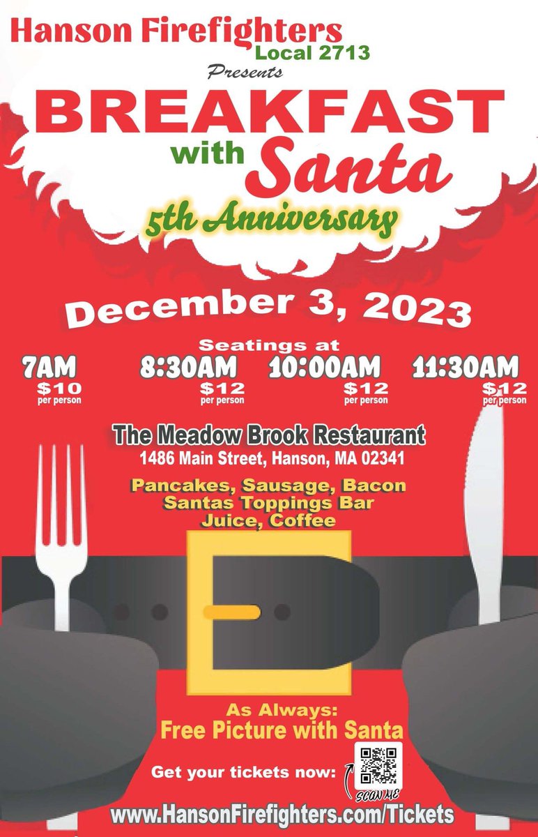 The 5th anniversary of Breakfast with Santa will be held December 3, 2023 at the Meadow Brook Restaurant!
Seatings at 7am, 8:30am, 10am, and 11:30am
7 a.m. seating is only $10 per person and all other seatings are $12 per person.
Get your tickets now: hfd2713.square.site/events