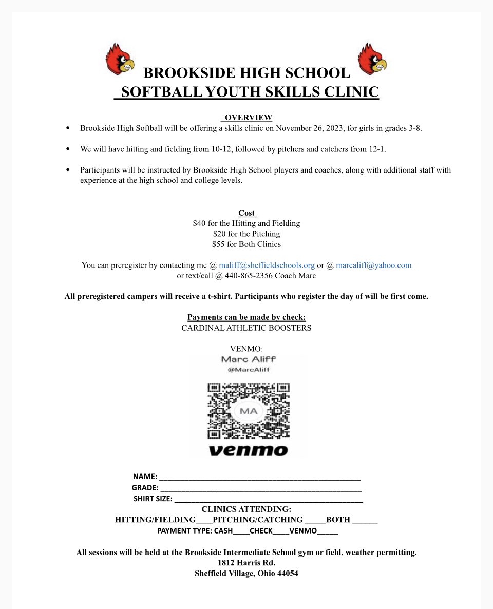 We are having a softball skills camp for girls 3rd-8th grade in Sheffield and surrounding communities at Brookside Intermediate school on November 26. 10am-12 will be hitting/fielding and 12-1pm will be catching/pitching. See flyer below for pricing and other info. Thanks
