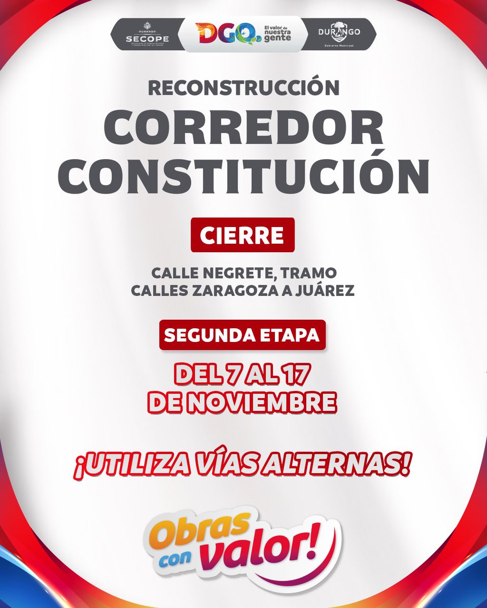 🚧TOMA TUS PRECAUCIONES🚧

📍Éste martes iniciaremos la rehabilitación del cruce Constitución-Negrete, por lo que el tramo permanecerá cerrado. 

📍Toma precauciones: traza con anticipación tu trayecto y toma vías alternas. 

¡Estamos Reconstruyendo Durango para Tí y tu Familia!
