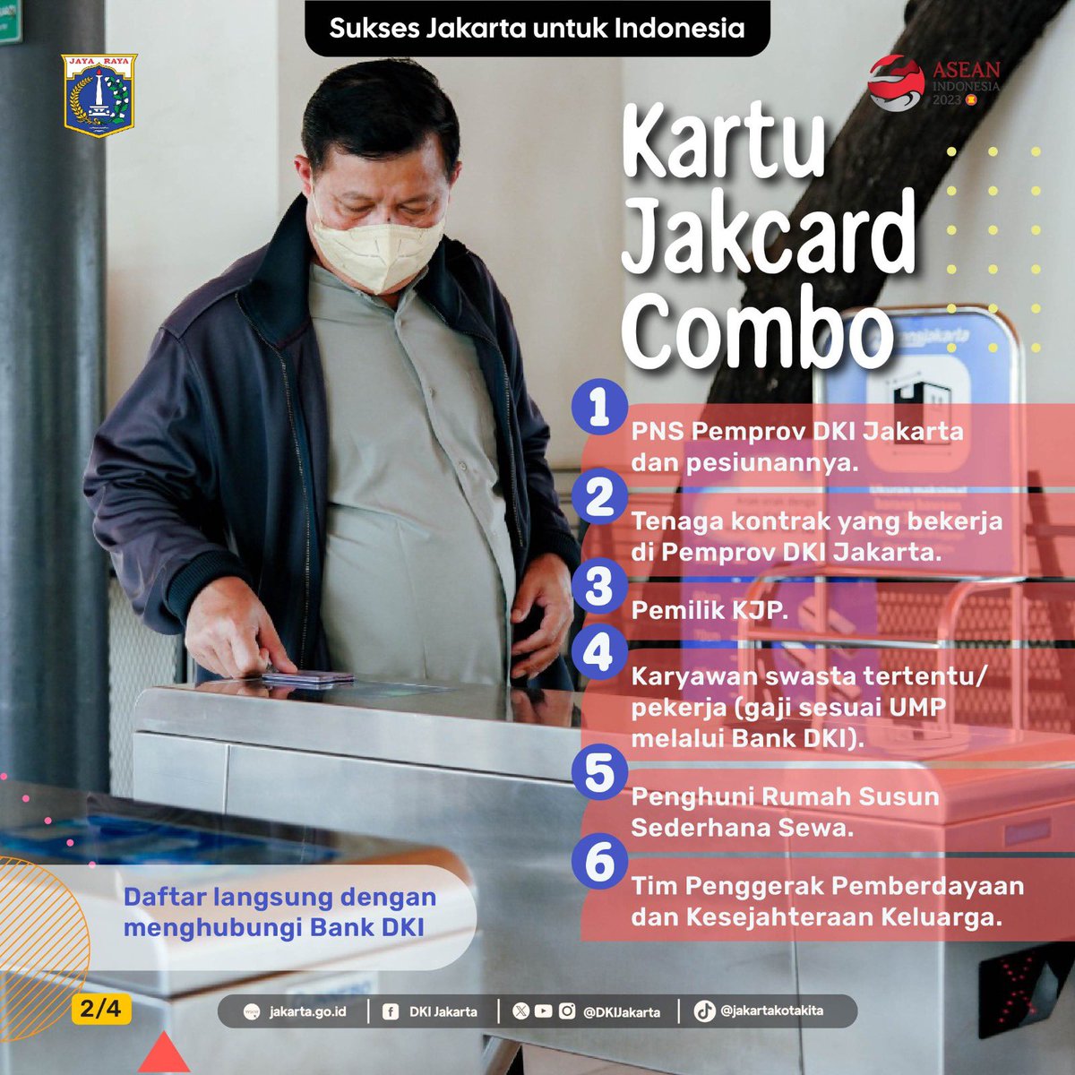 DKIJakarta's tweet photo. Warga Jakarta perlu tahu, nih. Ada 15 golongan yang bisa mendapatkan akses Transjakarta gratis dengan kartu Jakcard Combo dan TJ Card. 

Dengan program kartu layanan gratis ini, tujuannya adalah untuk memberikan kemudahan bagi warga Jakarta untuk mengakses Transjakarta. 

Lalu, siapa saja yang termasuk dalam 15 golongan tersebut? Simak di infografis di atas ya! 

#dkijakarta #suksesjakartauntukindonesia #JagaJakarta #JakartaUntukASEAN #transportasipublik #transjakartagratis #kartulayanangratistransjakarta