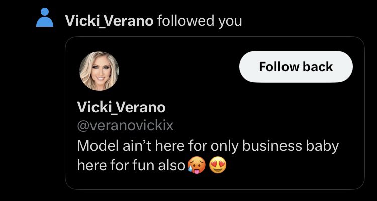 Oh wow!!! The fabulous <a href="/VeranoVicki/">Vicki Verano</a> has followed me 🥰 A dream come true 😈
Now if I could only figure out why I have to “follow back” when I already follow her 🤣