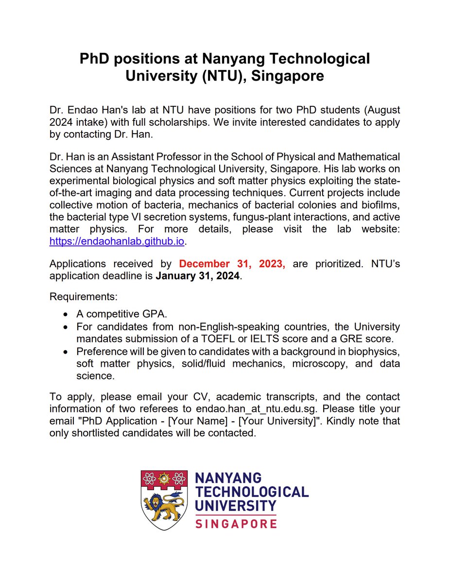I am looking for two PhD students interested in experimental biological physics. We are working on a wide range of interesting problems at the interface of physics and biology. Please help spread the message. Thank you!