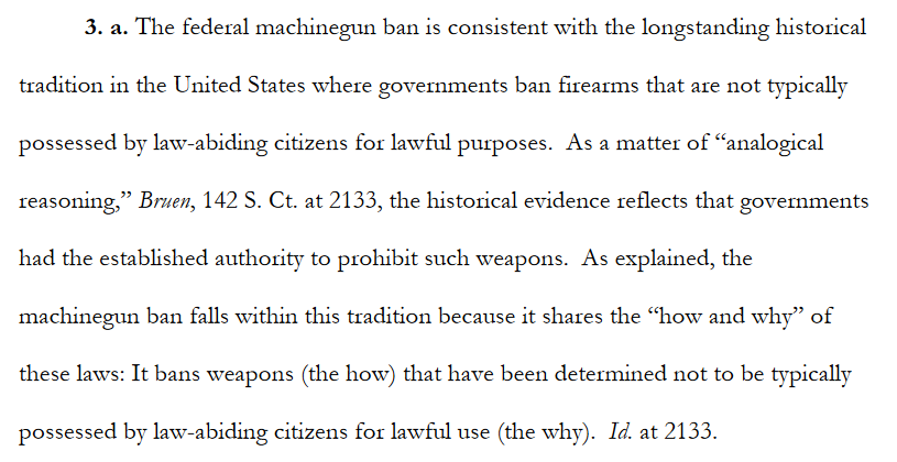 Today in a lawsuit challenging the federal machine gun ban, the government argued that the law is constitutional because the guns "are not typically possessed by law-abiding citizens for lawful purposes," which is interesting because multiple states have argued that their