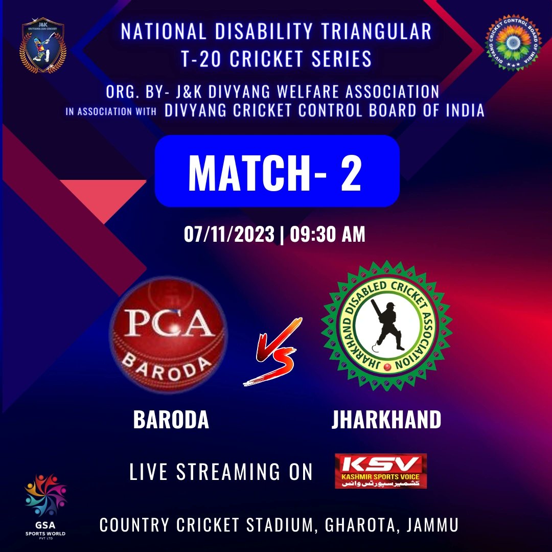 GSASportsWorld's tweet photo. Match-2
#Baroda vs #Jharkhand
#DCCBI #divyang_cricket_control_board_of_INDIA #wheelchaircricket #wheelchaircricketindia #divyangcricket #divyangjancricket #disabilitycricket #cricket🏏 #Cricket #nationaltournament https://t.co/U6QNZlWfl1