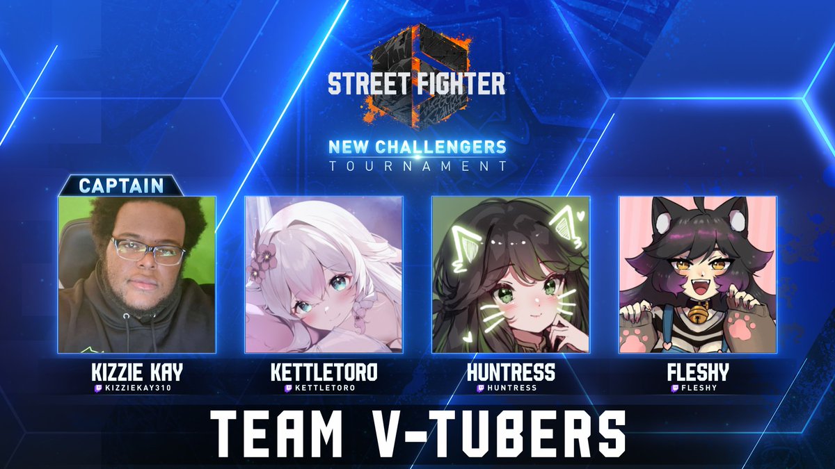 Kizzie_Kay's tweet photo. Happy to announce that I'll be captain of the Street Fighter 6 New Challengers Tournament with @Huntress_VT, @kettletoro, and @FleshyArt as my teammates 

Team name coming this week for the Vtuber squad! We don't miss #sponsored #ad https://t.co/ExqQAfxPQ9