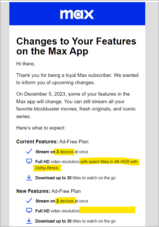 Cashell's tweet photo. You know what everyone "loves" @StreamOnMax? When you notify us about "changes to your features" when you actually mean, "we're screwing you over by taking way features while still charging you the same amount" so that we can charge more for the features you used to get. #ripoff https://t.co/iadicRnqkd