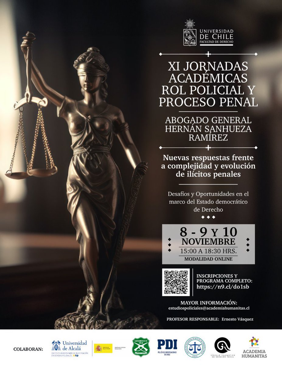 ICPenalesChile's tweet photo. XI Jornadas Académicas Rol Policial y Proceso Penal

🗓️8, 9 y 10 de noviembre��
⌚A las 15:00 hrs.

#DerechoPenal @derechouchile https://t.co/B84UwPm9o4
