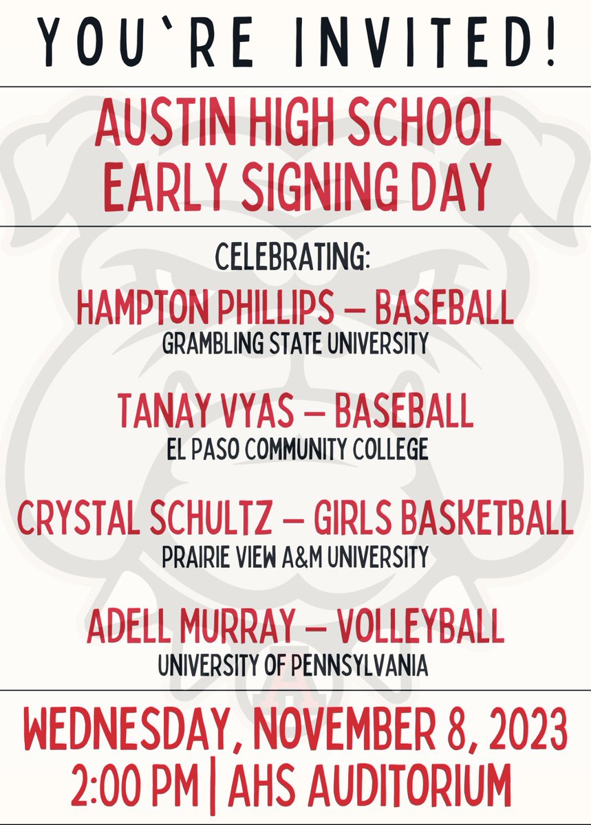 AHS Bulldog Athletics (@ahsbulldogs) on Twitter photo Come Celebrate our AMAZING Scholar Athletes as they make one of the best decisions of their lives! <a href="/tvyas08/">Tanay Vyas</a> <a href="/HamptonP27/">Hampton Phillips</a> <a href="/adell_murray05/">Adell Murray</a> <a href="/CrystalS__10/">Crystal Schultz</a> <a href="/FBISDAthletics/">Fort Bend ISD Athletics</a> <a href="/SFAHS_Bulldogs/">Austin High School</a> Come Celebrate our AMAZING Scholar Athletes as they make one of the best decisions of their lives! <a href="/tvyas08/">Tanay Vyas</a> <a href="/HamptonP27/">Hampton Phillips</a> <a href="/adell_murray05/">Adell Murray</a> <a href="/CrystalS__10/">Crystal Schultz</a> <a href="/FBISDAthletics/">Fort Bend ISD Athletics</a> <a href="/SFAHS_Bulldogs/">Austin High School</a>