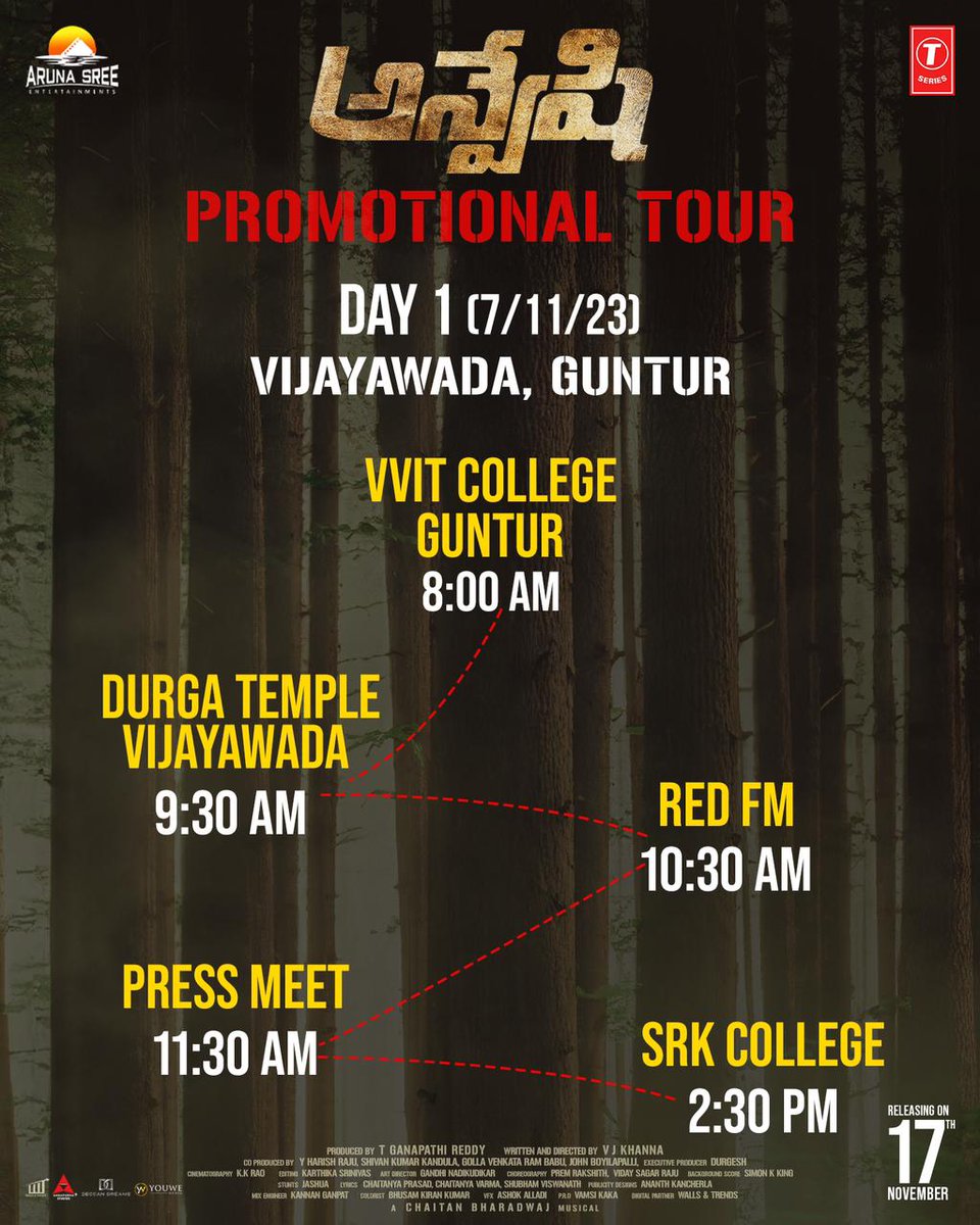 Team #AnveshiMovie begins the PROMOTIONAL TOUR 🔍 DAY 1 - 7th November 🗓️ 📍Vijayawada & Guntur #Anveshi Grand release worldwide on November 17th #AnveshiOnNov17th @VijayDharan_D @SimranG18401460 @AnanyaNagalla @v_j_khanna @chaitanmusic @simonkking @GanapathiReddy_…