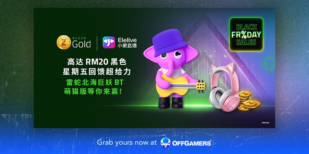 offgamers's tweet photo. Recharge 320 Elelive tokens with Razer Gold and get up to RM20 rebate. Plus, you might just win a Razer Kraken BT Kitty headset or Razer Kraken BT Cute Cat Edition! 🎁🎧
Read more: https://t.co/9GWssjIzMj
#OffGamers #Elelive #Razergold #BlackFriday #promo https://t.co/f6rAV6rsNp