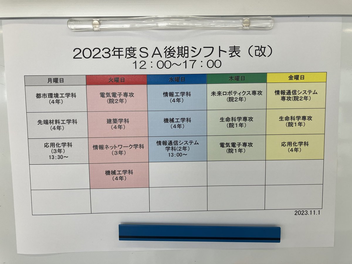CIT_g_supporter's tweet image. おひさしぶりです！
後期も新習志野キャンパス10号館の1階では学生生活全般の、2階では専門科目の質問など学習面の相談を、先輩たちが常駐して受け付けています。
1階は10:00から17:00、2階は12:00から17:00まで開設しています。
写真は、2階でどの学科の先輩がいるかのシフトです！