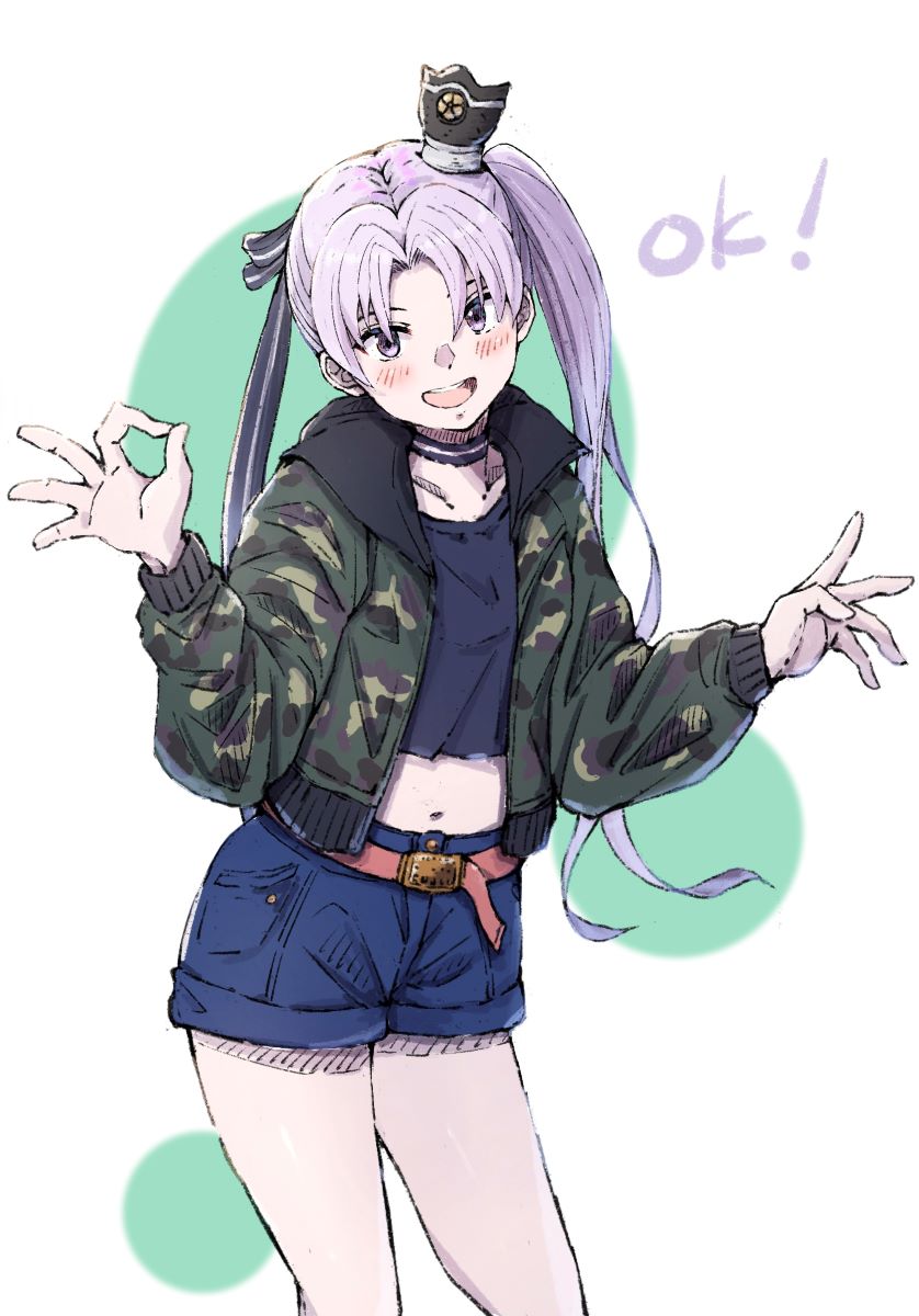 akitsushima (kancolle) 1girl solo shorts long hair jacket side ponytail purple eyes  illustration images