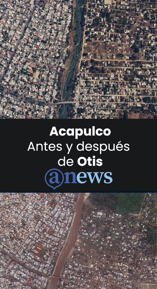 ANewsMX's tweet photo. #GoogleEarth compartió las imágenes satelitales de cómo lucen algunas zonas de #Acapulco luego de que que Otis impactara con toda su fuerza... marcando un antes y un después en la historia reciente de la ciudad. 

La sabana ⬇ https://t.co/vJE1zFTrFf