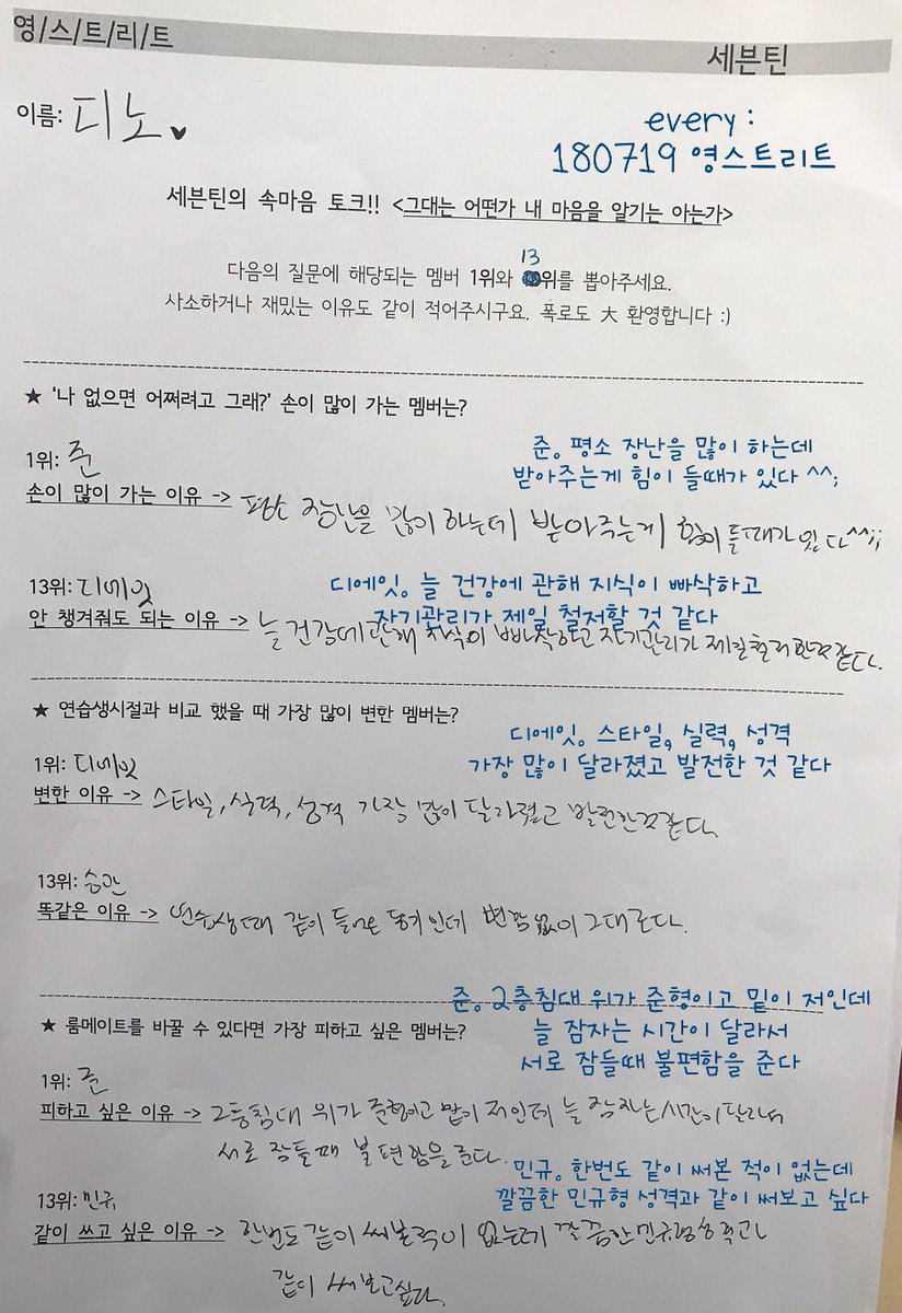 everysvt214's tweet photo. [세븐틴/막내즈] 깜찍한 설문지 
180719 영스트리트 

혼자 방 쓰기 싫은, 
자기 사람들에게 많이 의지하는
한솔이 답지가 기억에 참 남는 ㅡ

#세븐틴 #SEVENTEEN #SVT
#SVT_QnA #세븐틴인터뷰 #막내즈 #도레미즈
#승관 #부승관 #boo #seungkwan
#버논 #최한솔 #vernon
#디노 #이찬 #dino https://t.co/l98yn2hnbz