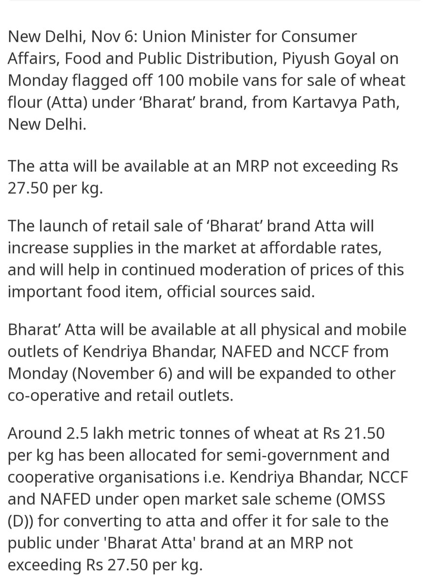 As a Diwali gesture, our Hon'ble PM Shri @narendramodi Ji presents #BharatAata scheme that aims to provide aata at an MRP of Rs.27.50 per kg as well as pulses of Rs.60 per kg, onions of Rs.25 per kg and many more items to the general public during festive periods.…
